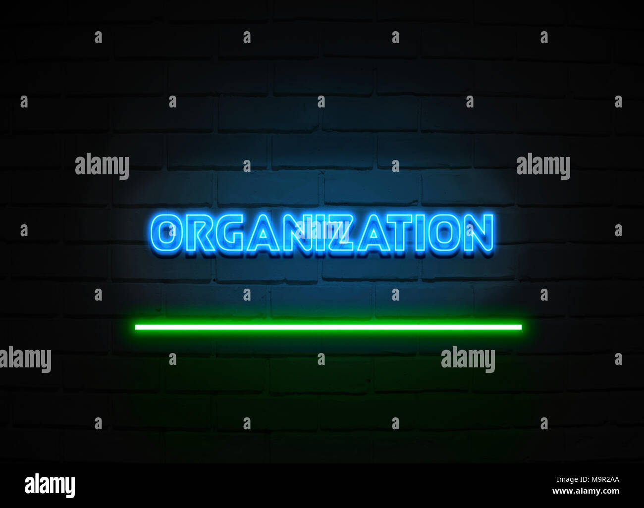 Organizzazione segno al neon - Neon incandescente segno sulla parete brickwall - 3D reso Royalty free stock illustrazione. Foto Stock