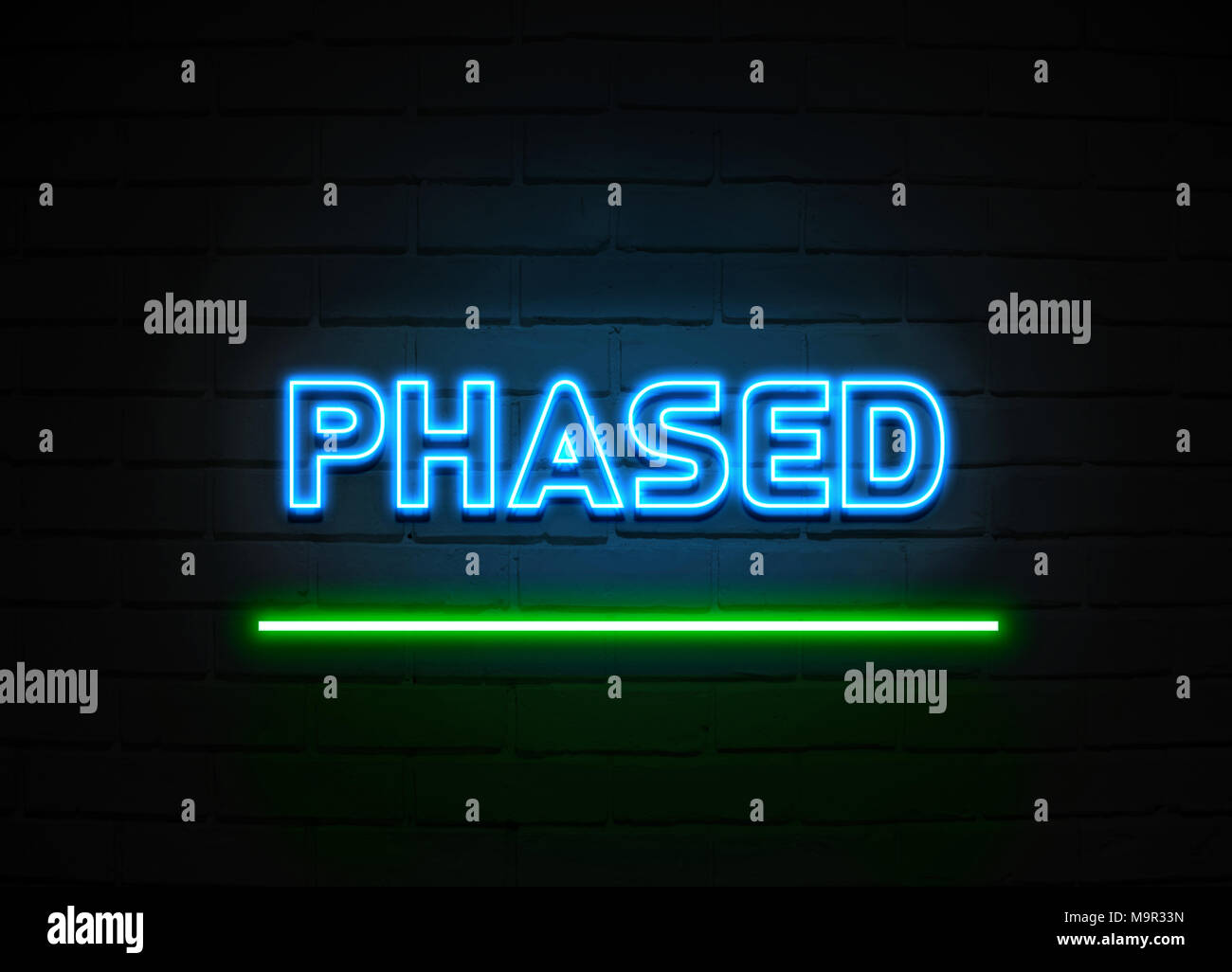Phased insegna al neon - Neon incandescente segno sulla parete brickwall - 3D reso Royalty free stock illustrazione. Foto Stock