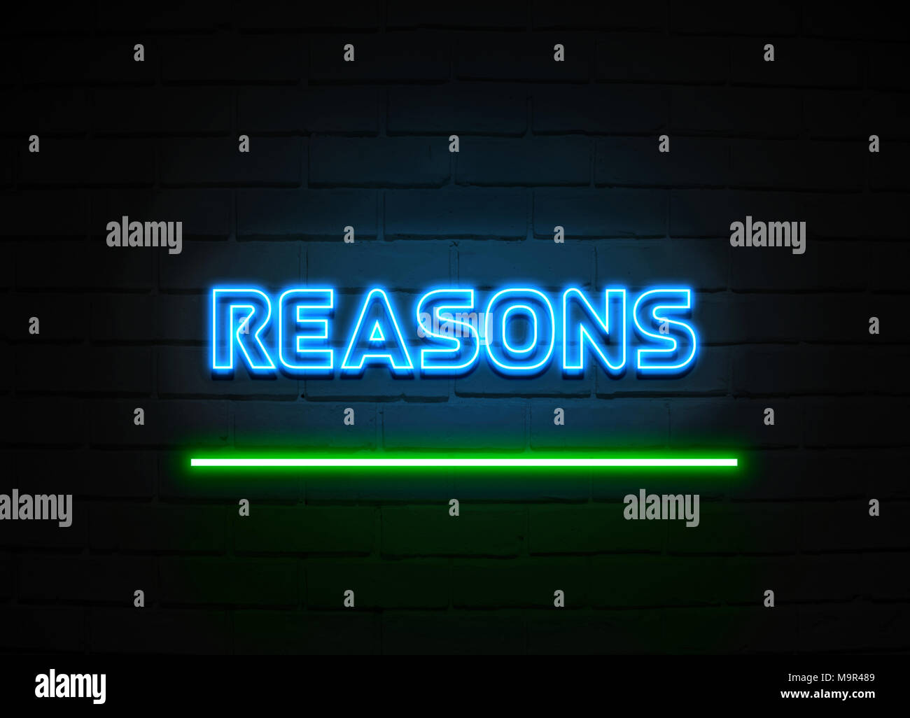 Ragioni di segno al neon - Neon incandescente segno sulla parete brickwall - 3D reso Royalty free stock illustrazione. Foto Stock