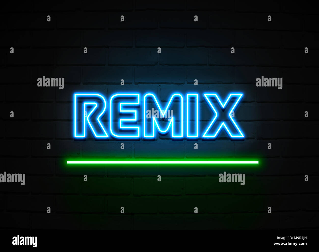 Remix insegna al neon - Neon incandescente segno sulla parete brickwall - 3D reso Royalty free stock illustrazione. Foto Stock