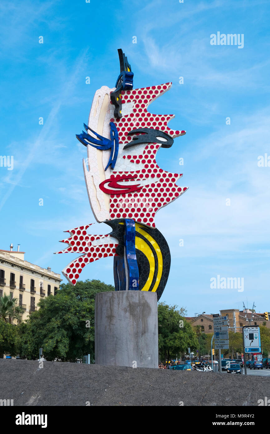 "La testa di Barcellona", la scultura di Roy Lichtenstein, creato per il 1992 Olimpiadi di estate a Barcellona, Spagna Foto Stock