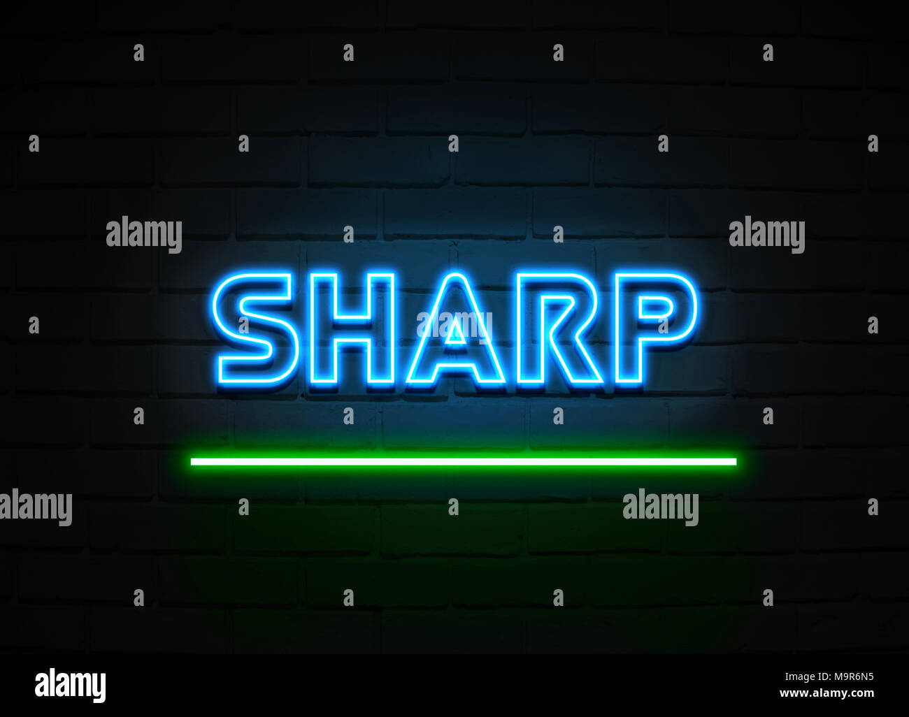 Sharp insegna al neon - Neon incandescente segno sulla parete brickwall - 3D reso Royalty free stock illustrazione. Foto Stock