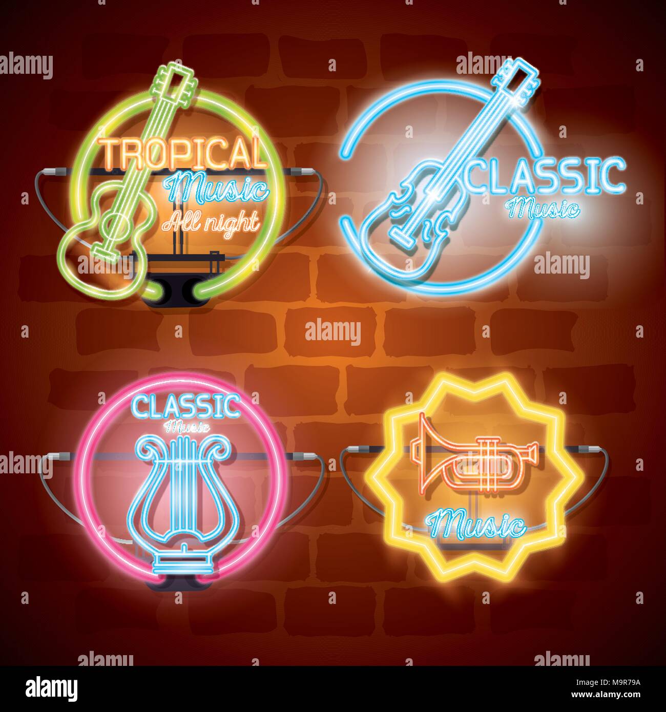 Strumenti musicali con le luci al neon impostare le icone Illustrazione Vettoriale