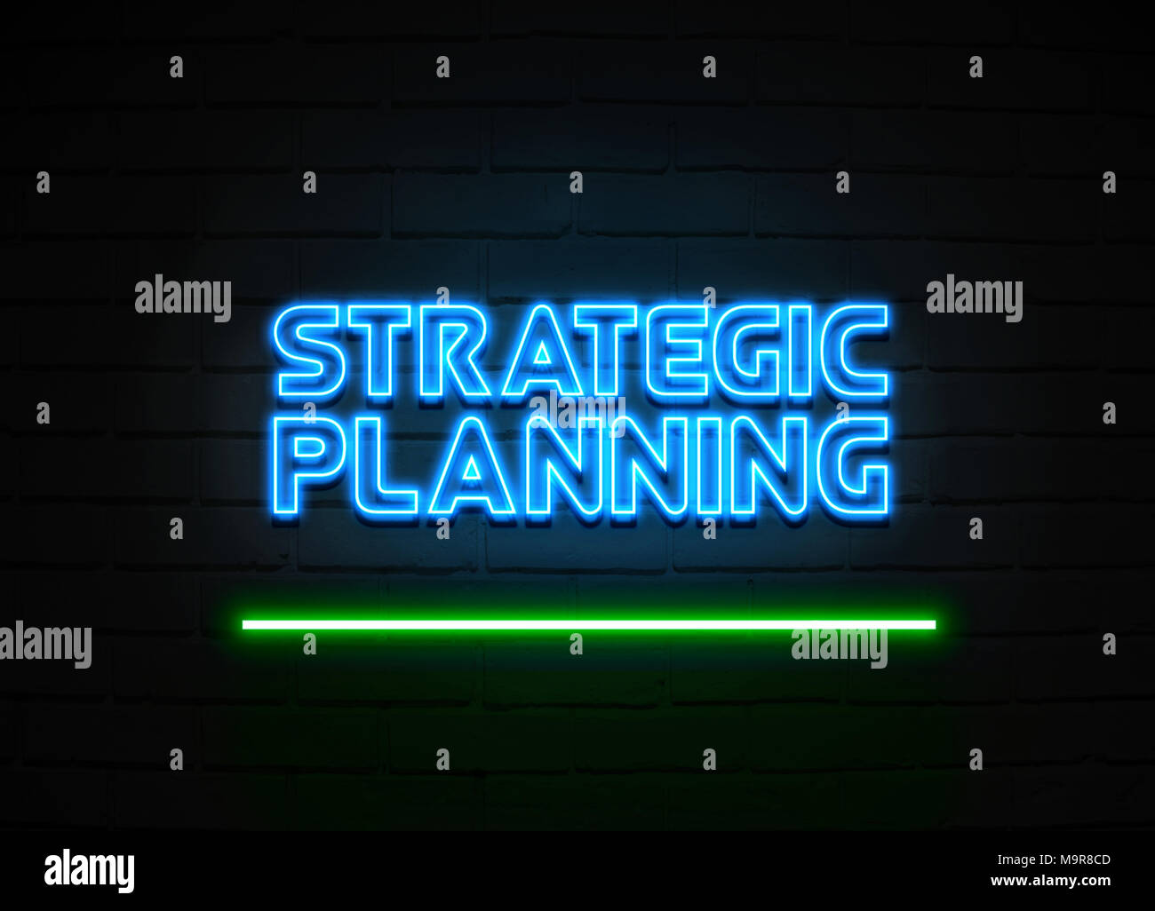 La pianificazione strategica insegna al neon - Neon incandescente segno sulla parete brickwall - 3D reso Royalty free stock illustrazione. Foto Stock
