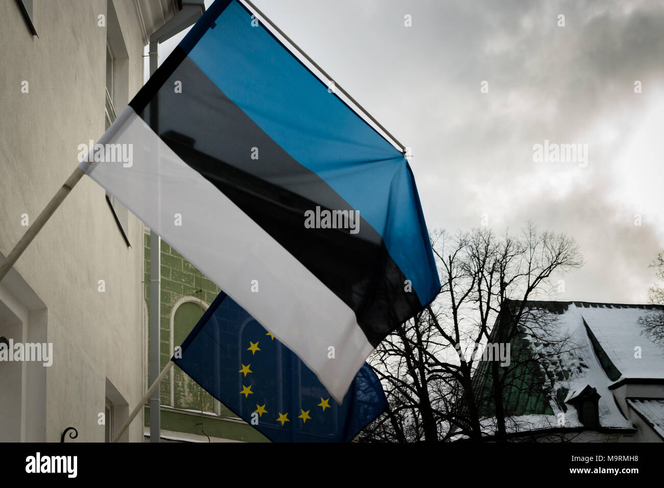 Bandiera estone, bandiera dell'Estonia, rinuncia in città. Foto Stock
