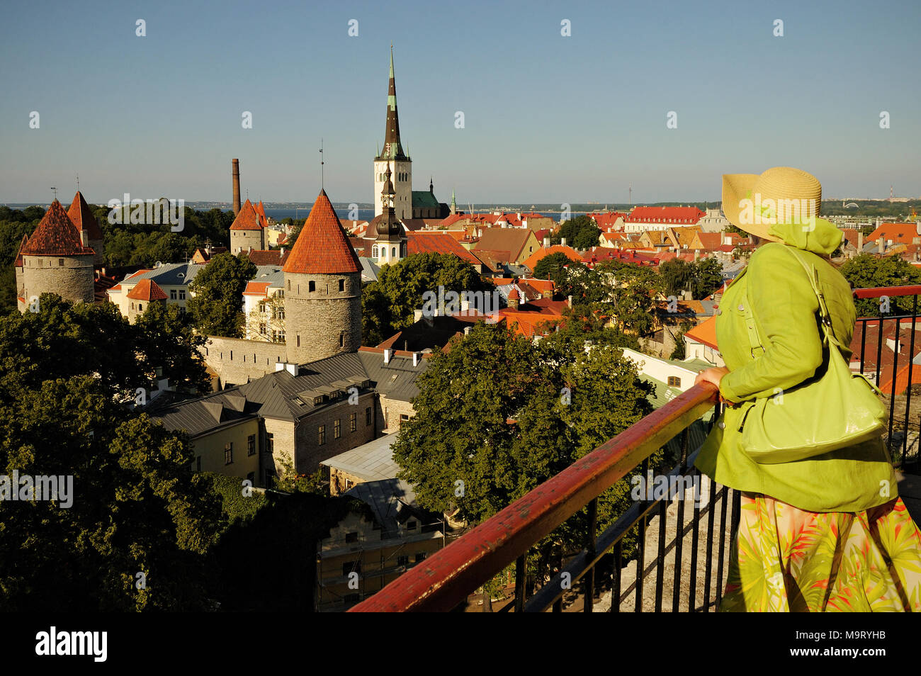 Donna elegante osservando la vecchia cittadina medievale di Tallin da Toompea, Estonia Foto Stock