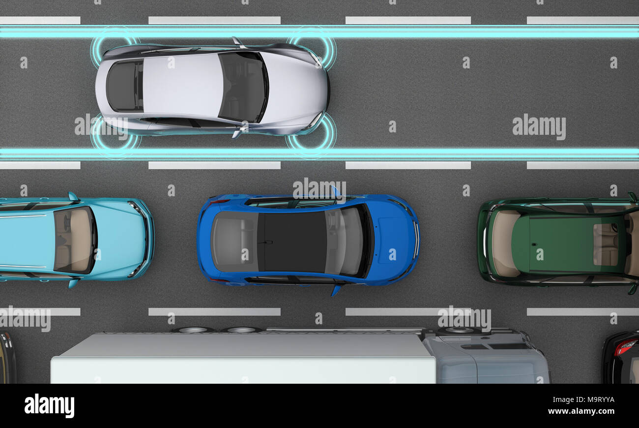 Auto con sensori di distanza nel flusso vista dall'alto. Il rendering 3D Foto Stock