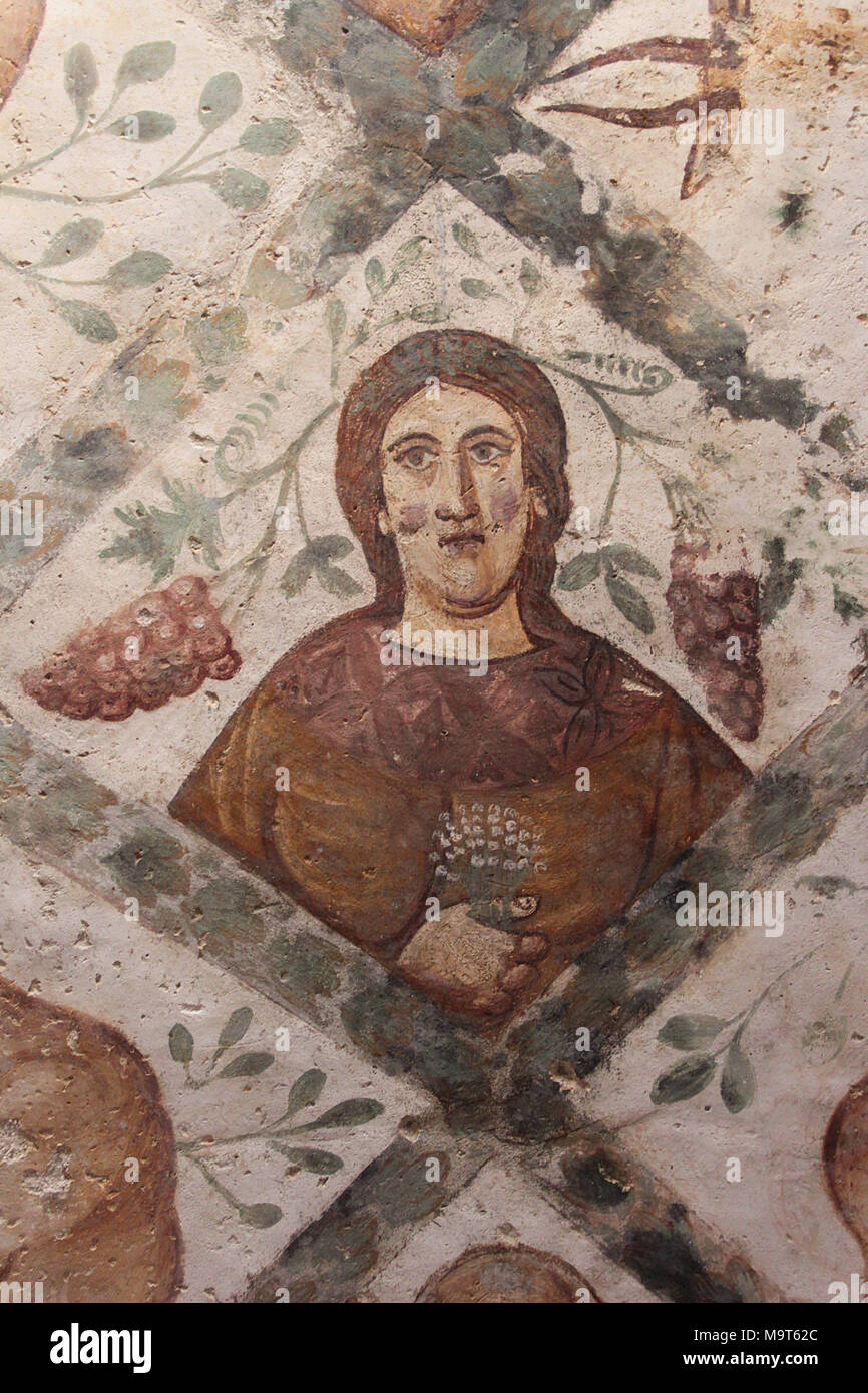 Ritratto maschile sulla volta della Qusayr Amra (Qasr Amra), Giordania. Famosa per i suoi affreschi del VIII secolo edificio è un sito patrimonio mondiale dell'UNESCO. Foto Stock