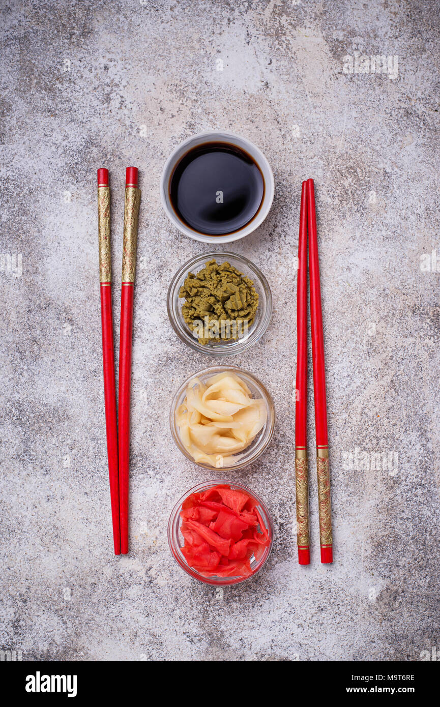 Wasabi, lo zenzero e la salsa di soia. Foto Stock