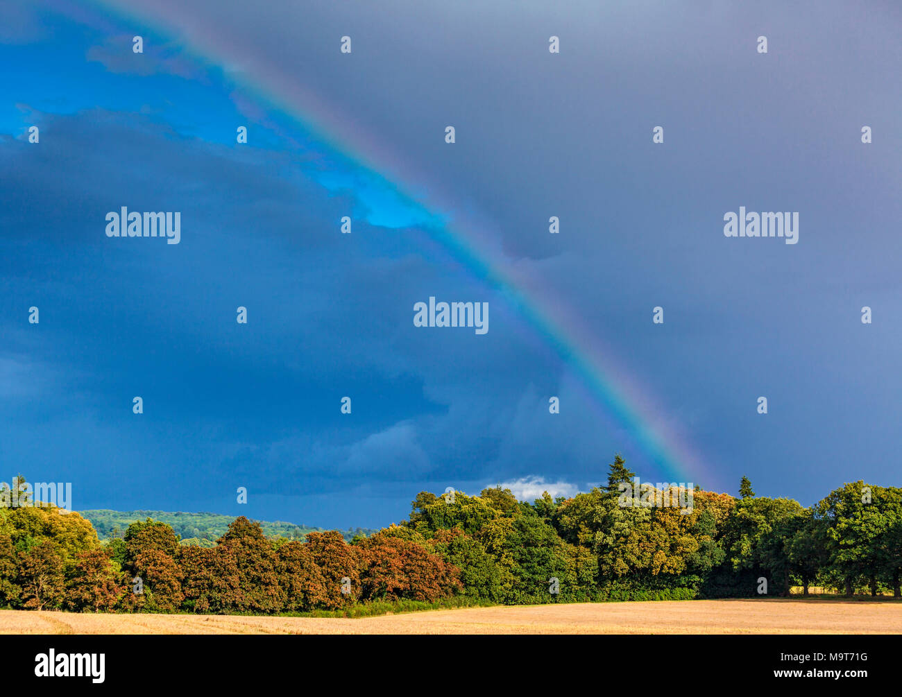 Rainbow oltre il Chilterns a Shiplake, Oxfordshire, England, Regno Unito Foto Stock