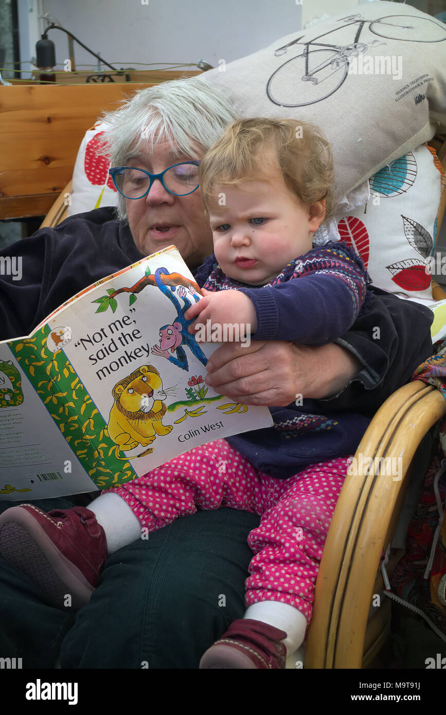 Dodici mesi di età bambino nipote di lettura con la Nonna nonna Foto Stock