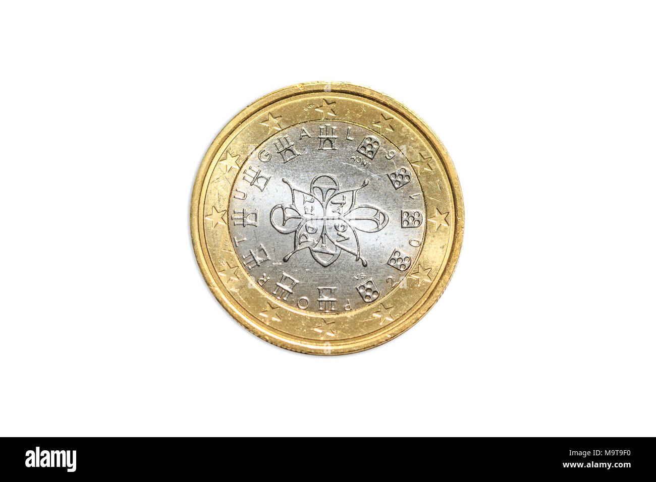 Moneta francese di un euro closeup con il simbolo di albero con il motto Liberte Egalite Fraternite della Francia. Isolato su bianco di sfondo per studio. Lato testa. Foto Stock