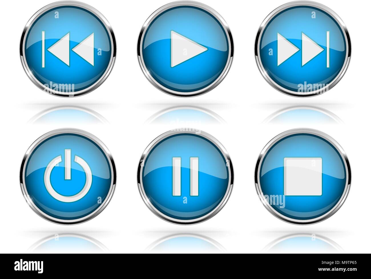 Pulsanti multimediali. Rotondo blu pulsanti di vetro con telaio cromato Illustrazione Vettoriale