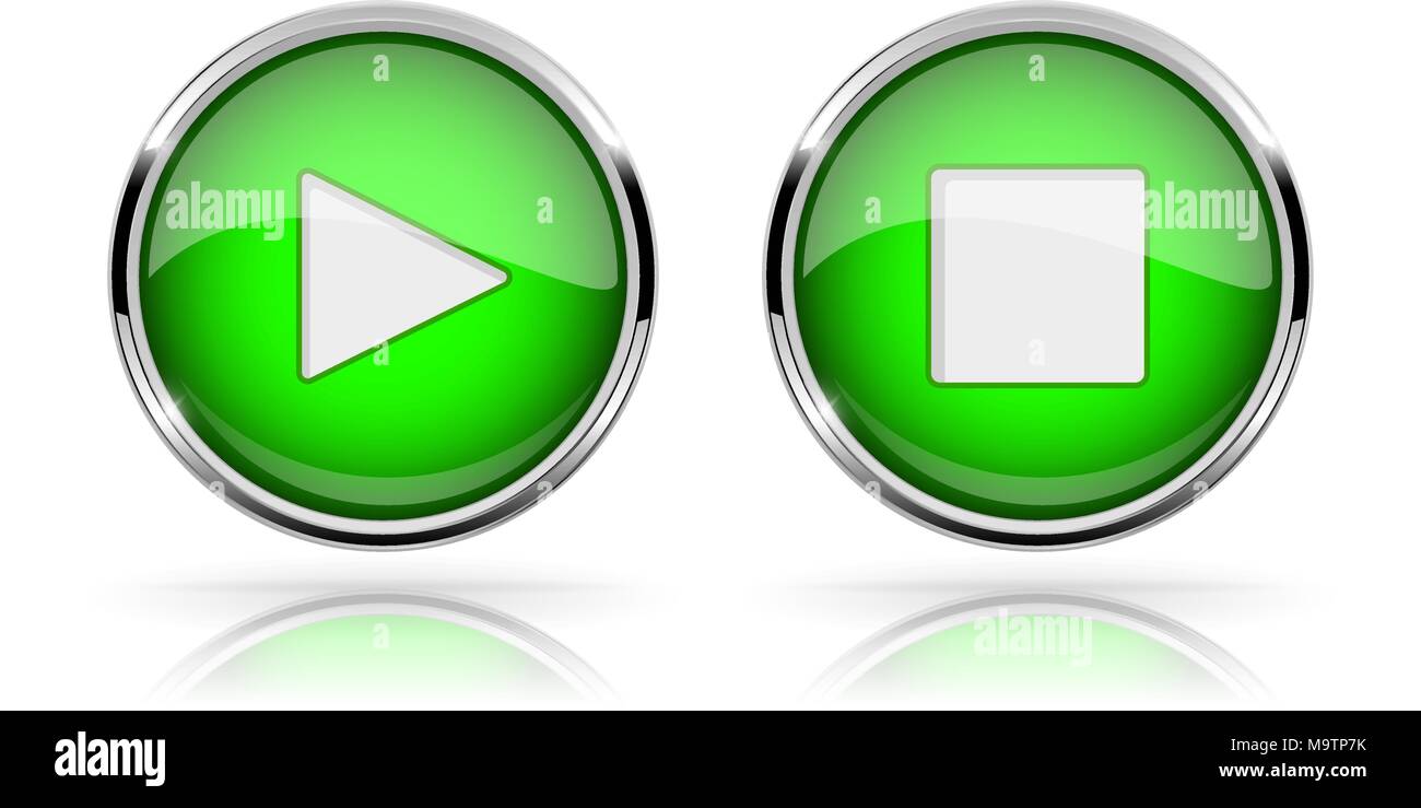 Rotondo verde pulsanti multimediali. I pulsanti PLAY e STOP. Shiny icone 3d con cornice cromata Illustrazione Vettoriale