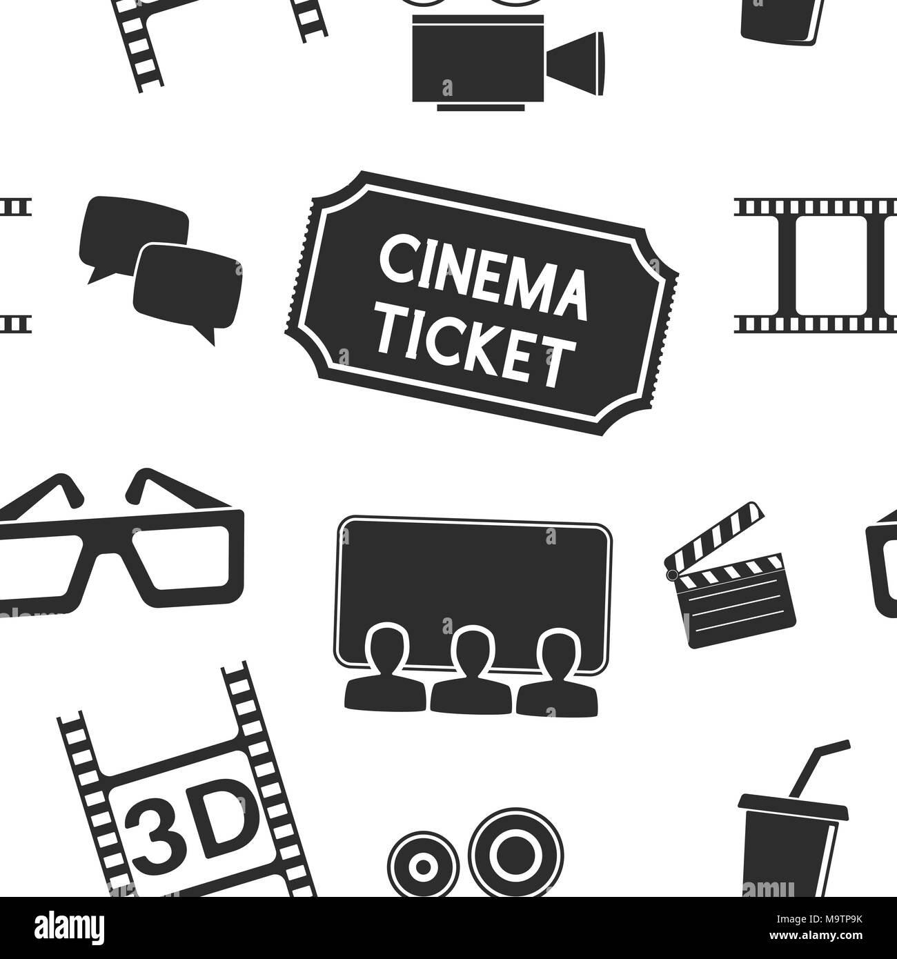 Cinema sfondo senza giunture. Movie Theater simboli, in bianco e nero Illustrazione Vettoriale