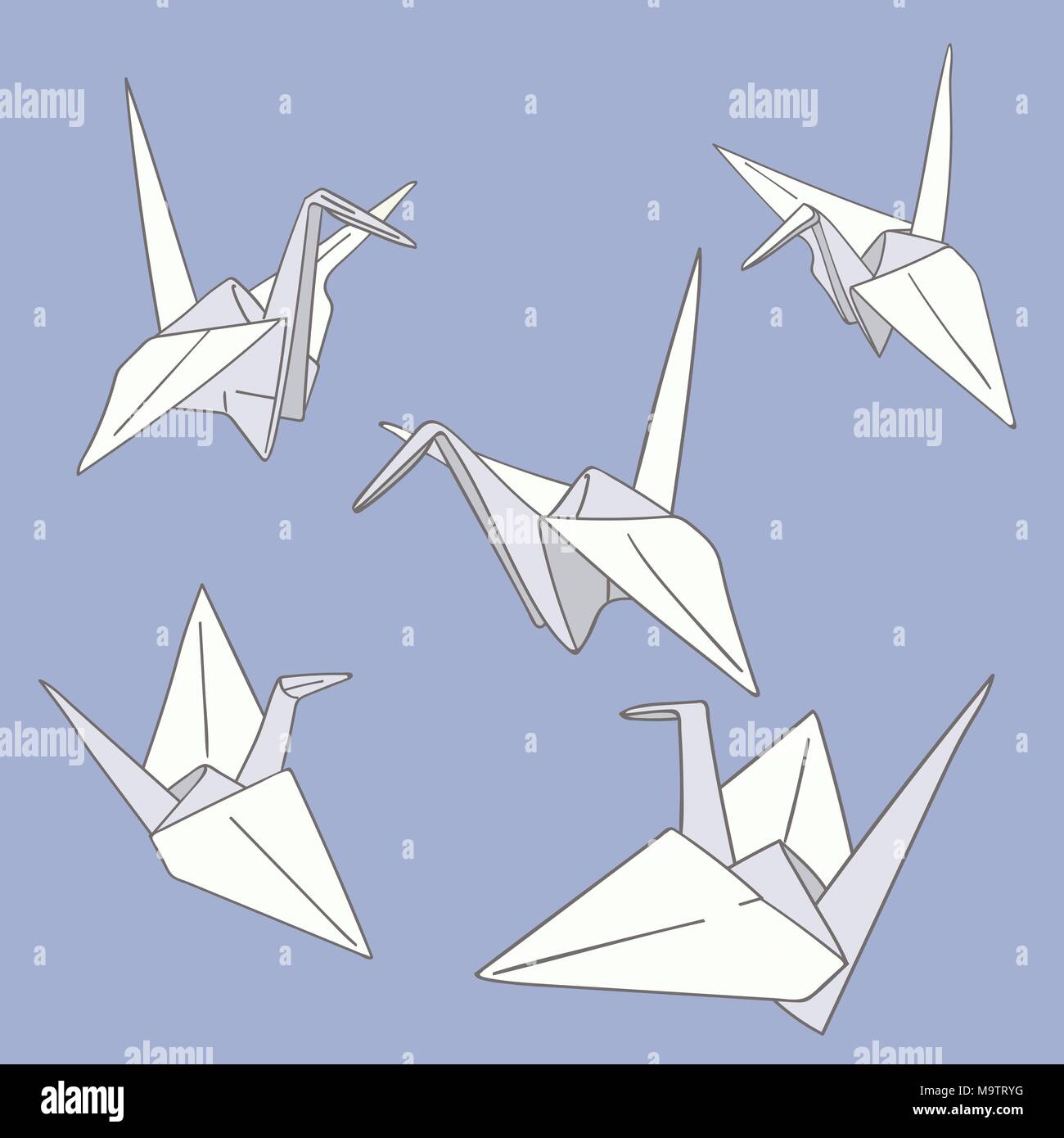 Set di disegnati a mano carta giapponese origami craft uccelli isolati su sfondo blu Illustrazione Vettoriale