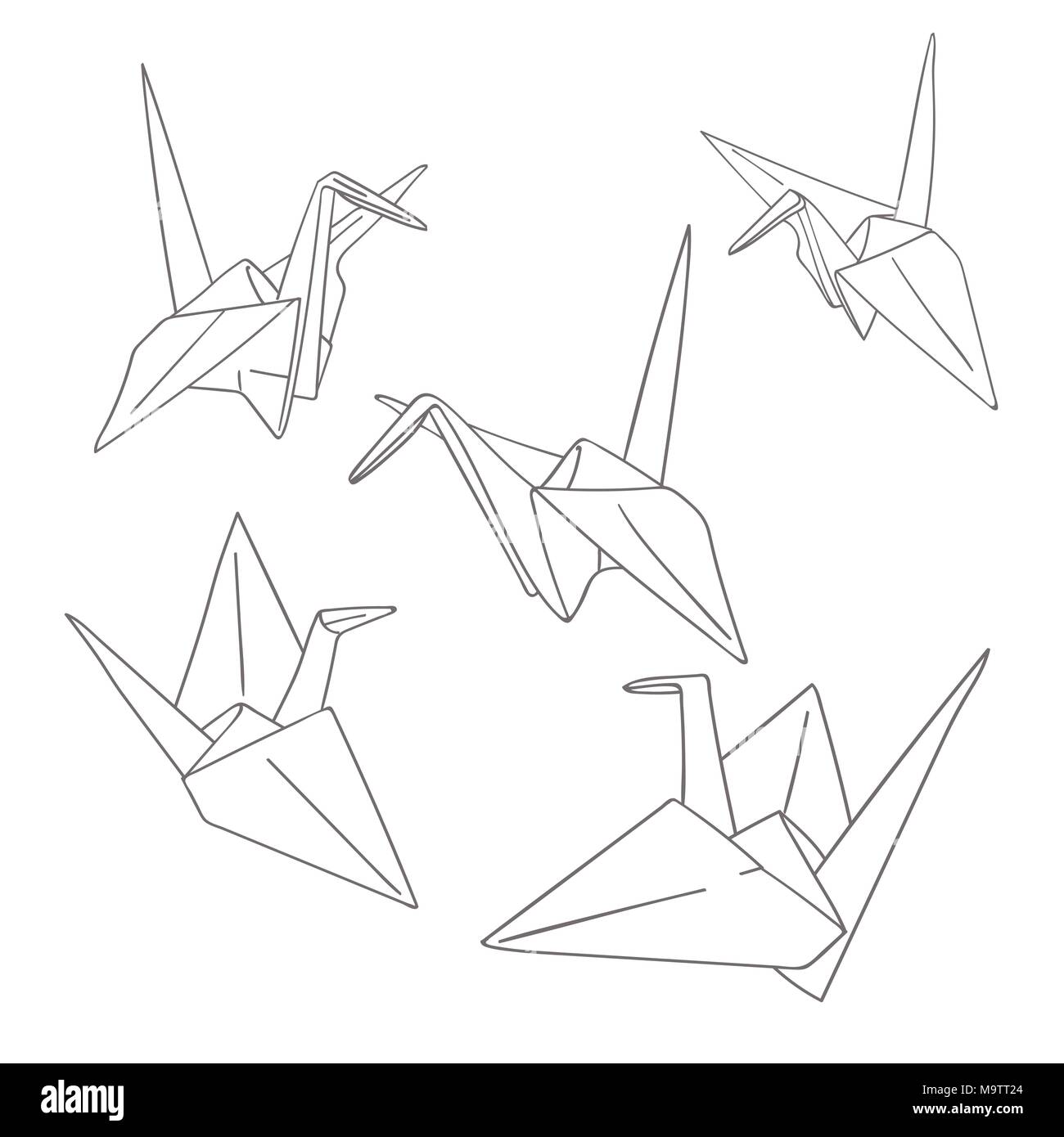 Set di contorno disegnata a mano carta giapponese origami craft uccelli isolati su sfondo bianco Illustrazione Vettoriale