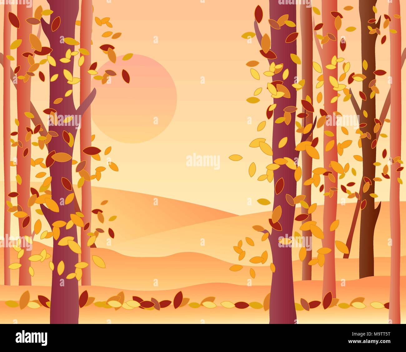 Una illustrazione del bordo di un autunno foresta con campi di arancio le foglie che cadono e un caldo tramonto Illustrazione Vettoriale