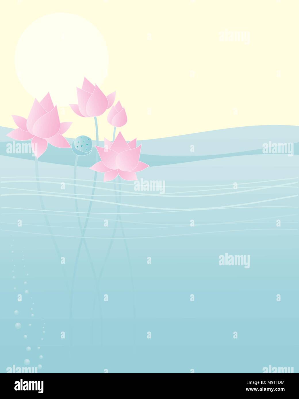 Una illustrazione vettoriale in formato eps formato 10 di lotus fiorisce in acqua con testa di semi e germogli sotto un sole giallo e il cielo con spazio per il testo Illustrazione Vettoriale