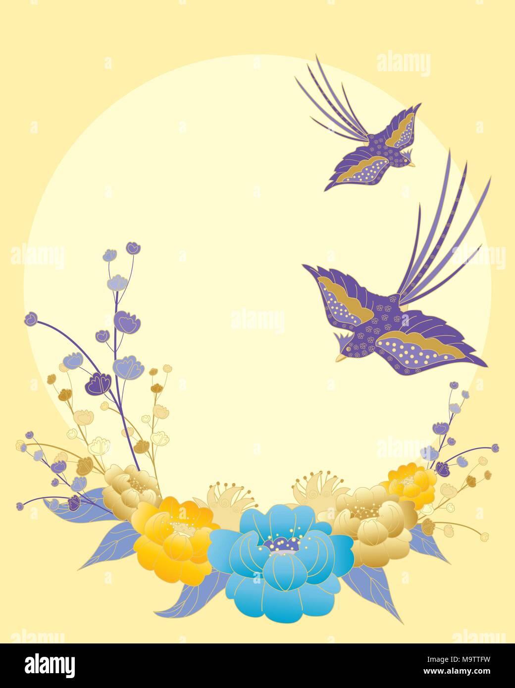 Una illustrazione di variopinti uccelli orientali e ornato di fiori sulla progettazione di un grande sole giallo. Illustrazione Vettoriale