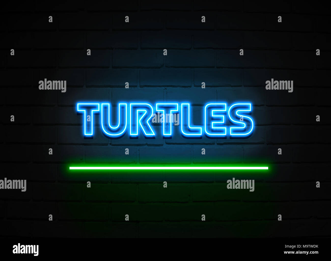 Le tartarughe marine insegna al neon - Neon incandescente segno sulla parete brickwall - 3D reso Royalty free stock illustrazione. Foto Stock