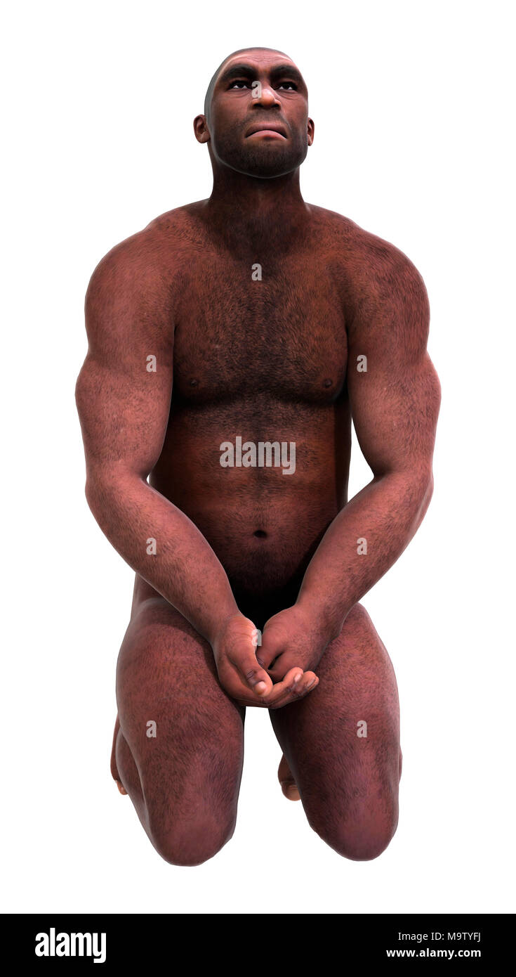 3D rendering di un maschio di Homo Erectus isolati su sfondo bianco Foto Stock