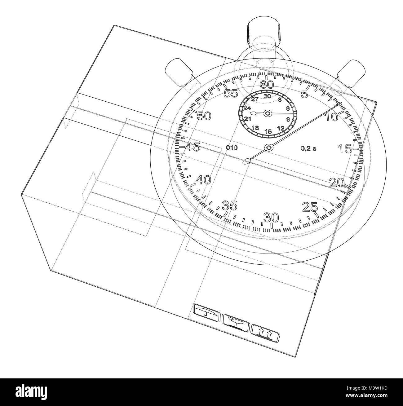 Cronometro con scatola di cartone sketch. Il rendering 3d. Filo-stile cornice Foto Stock