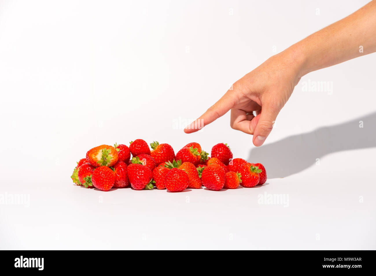 Dispositivo di puntamento con un dito in un grappolo di fresche Fragole rosso su sfondo bianco. Foto Stock