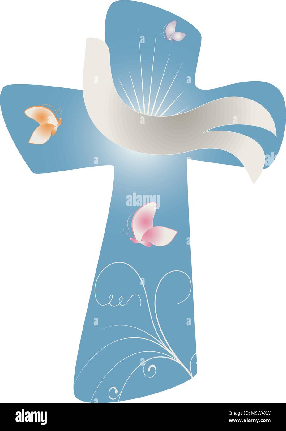 Croce cristiana isolata con colomba bianca come segno dello Spirito Santo e farfalle su sfondo blu. Concetto di Pasqua o battesimo Illustrazione Vettoriale