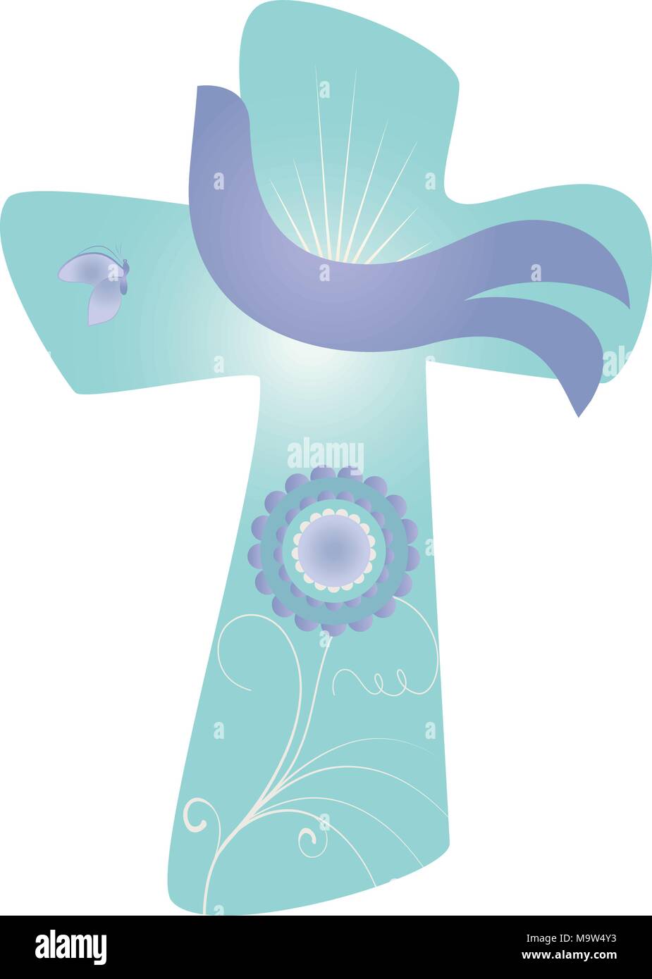 Croce cristiana isolata con colomba stilizzata come segno dello Spirito Santo su sfondo azzurro. Concetto di Pasqua o battesimo Illustrazione Vettoriale