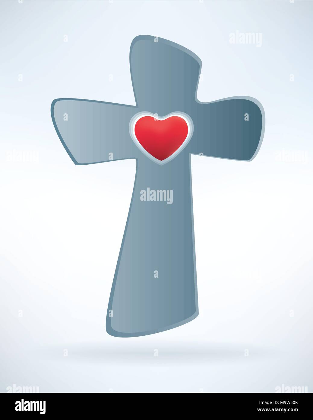 Croce cristiana isolata e stilizzata con cuore rosso su sfondo blu. Concetto di Pasqua o battesimo. Simbolo o segno di Christina Illustrazione Vettoriale