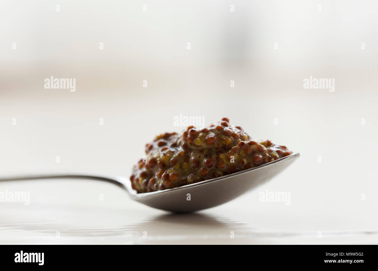 Un cucchiaino colmo di senape integrali shot in luce naturale con molto leggera profondità di campo a. Foto Stock