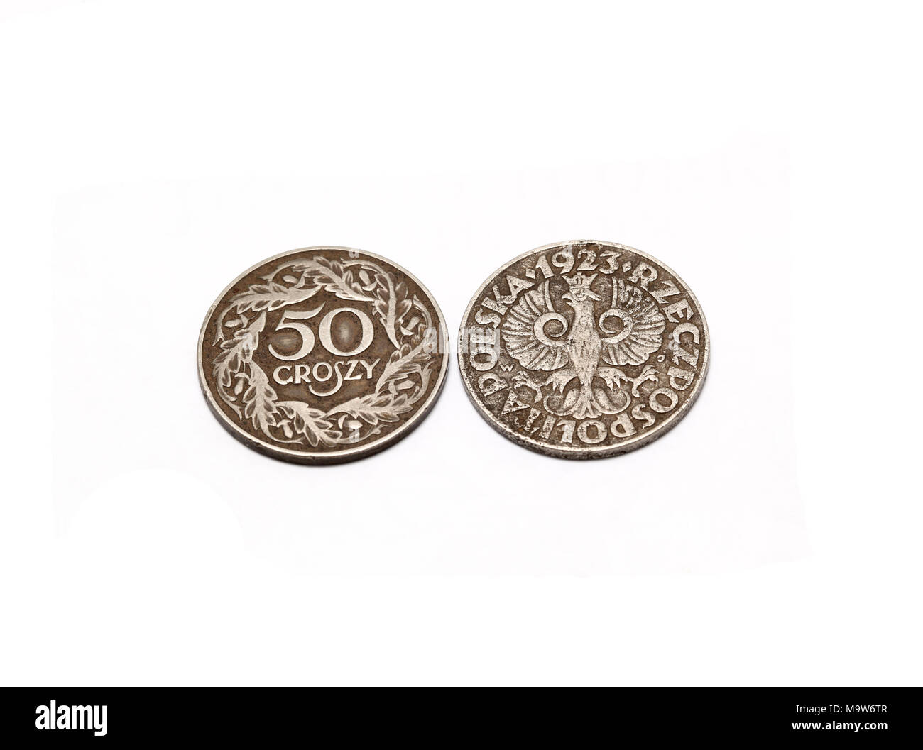 50 Moneta soldi su uno sfondo bianco. Denaro polacco Foto Stock