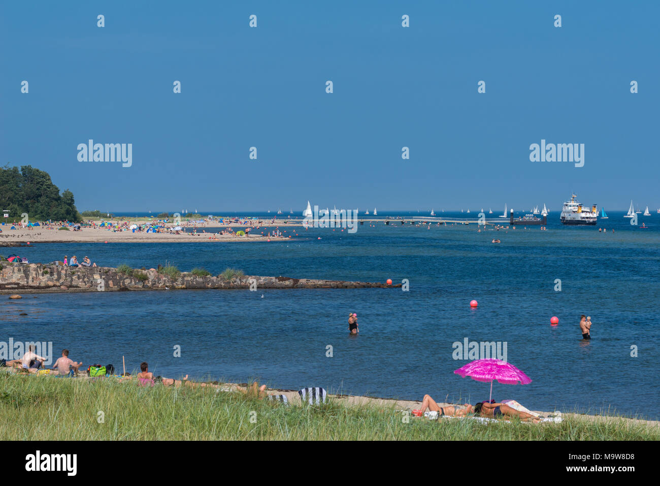 Estate al fiordo di Kiel. Le persone aventi il divertimento a prendere il sole sulla spiaggia Falckenstein, Kiel, Schleswig-Holstein, Germania, Europa Foto Stock