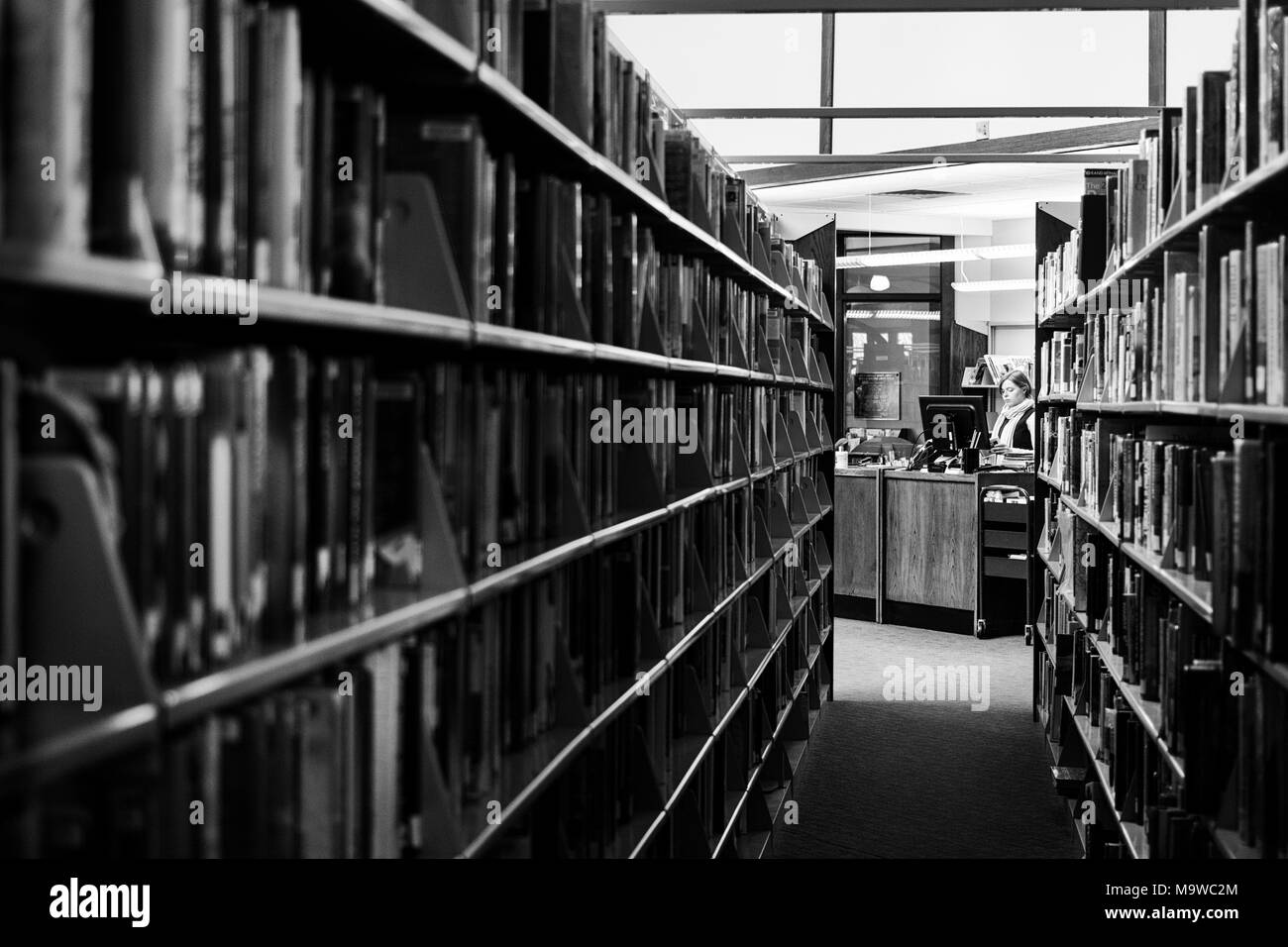 Linee del libro scaffali portano a un bibliotecario a una scrivania Foto Stock