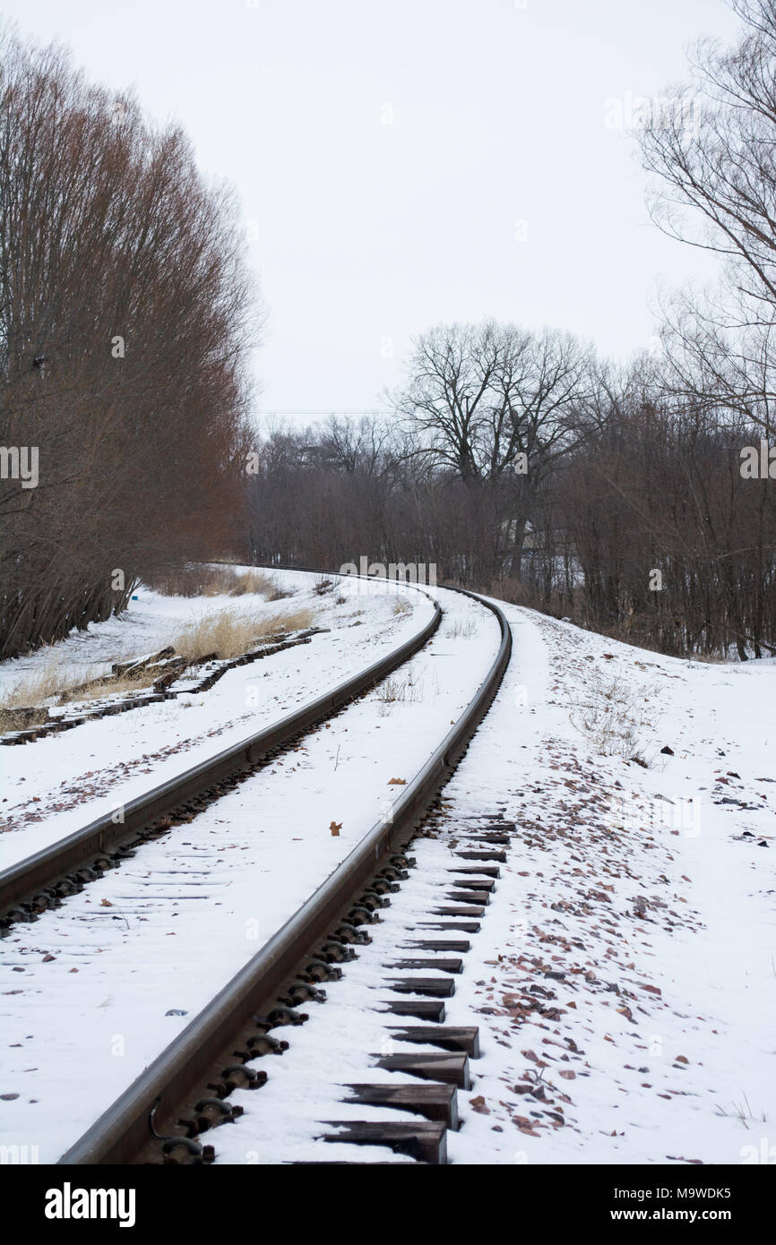 Binari del treno in una fredda giornata invernale dopo una nevicata in Rural Iowa Foto Stock