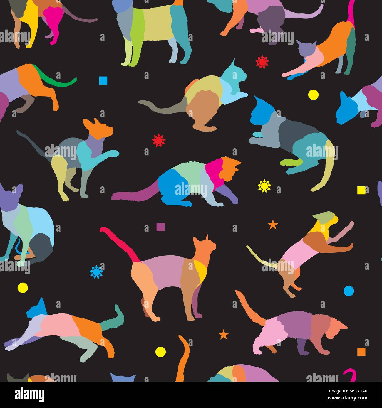 Vector seamless pattern con mosaico colourful diverse razze di gatti e diverse figure geometriche, su sfondo nero Illustrazione Vettoriale