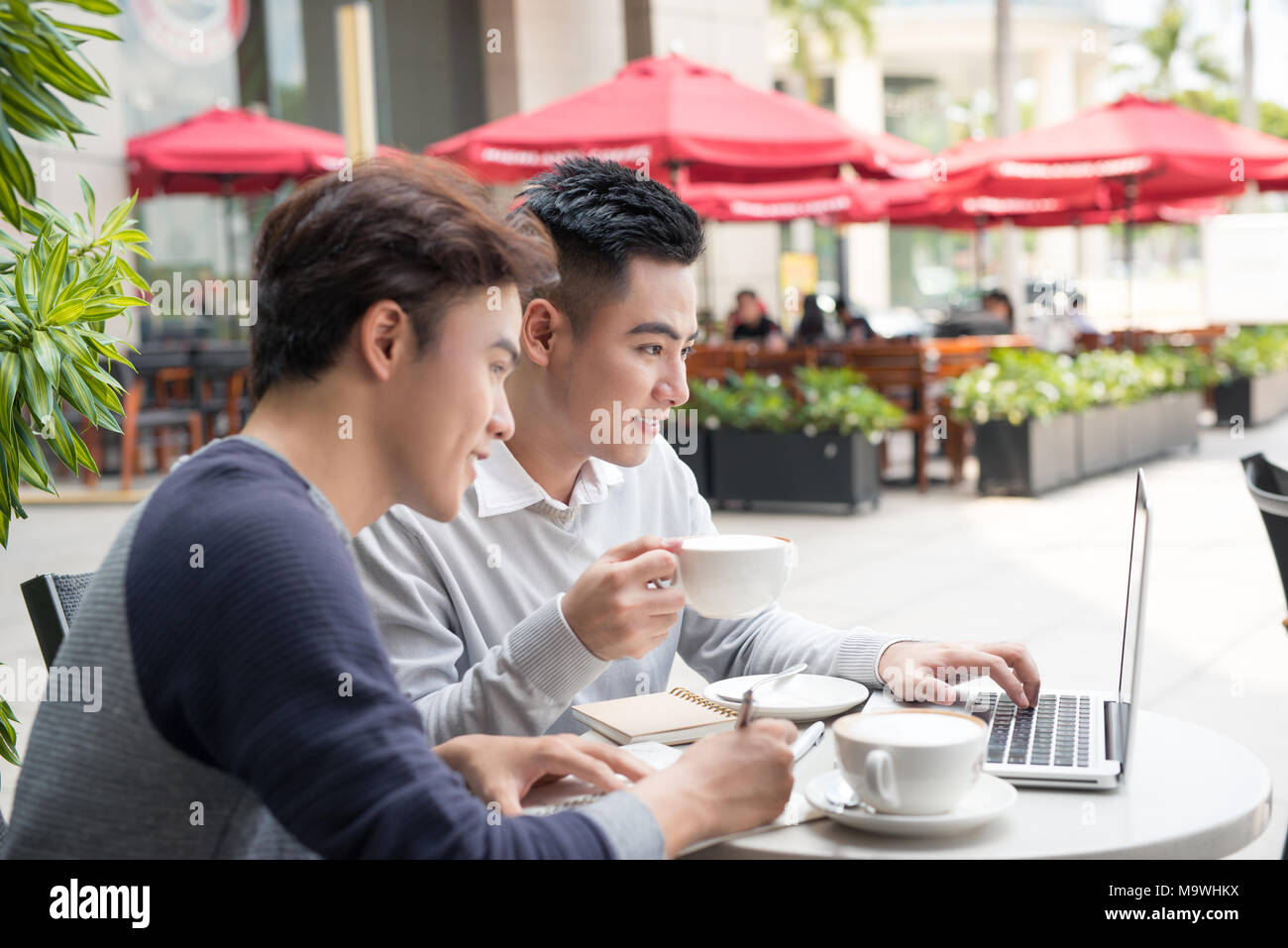 Due maschi di apprendimento dello studente o imprenditore lavorando insieme. Foto Stock