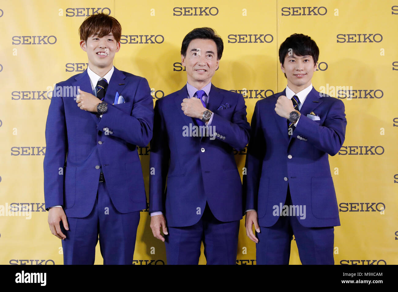 Tokyo, Giappone. Il 29 febbraio, 2018. (L-R) Masato Sakai, Shinji Hattori, Ginga Munetomo, 29 Febbraio 2018 - : Team SEIKO stati partecipare alle conferenze stampa per annunciare che SEIKO aziende fanno squadra SEIKO sport atleta team in Tokyo, Giappone. Credito: Yusuke Nakanishi AFLO/sport/Alamy Live News Foto Stock