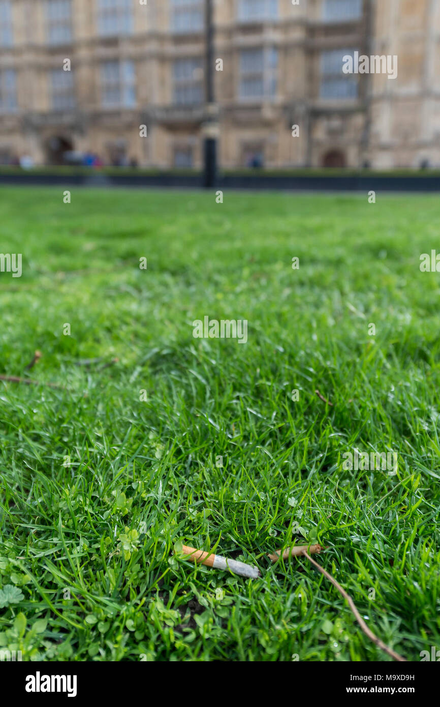 Londra, Regno Unito. 29 Mar, 2018. L'alternativa, mozziconi di sigaretta sul College Green - tutti i partiti del gruppo parlamentare per l'E-sigarette VApril lancio di una campagna nazionale di essere fronteggiata da TV medico, il dottor Christian Jessen per incoraggiare il Regno Unito 7m i fumatori per passare a vaping. Organizzato dal Regno Unito Vaping Industry Association, VApril segue le prove recentemente pubblicata dalla sanità pubblica in Inghilterra che evidenzia che "vaping rischia di essere almeno 95% meno nocivo di fumatori' Credit: Guy Bell/Alamy Live News Foto Stock