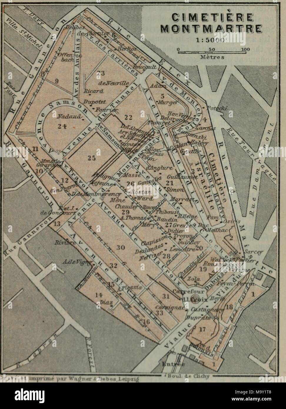 Mappa dei colori di Montmartre il cimitero di Parigi, Francia, con una scala e rilevando le tombe e le tombe di interesse, dal volume "Parigi e dintorni, con percorsi da Londra a Parigi: manuale per i viaggiatori, ' scritto da Karl Baedeker, 1913. La cortesia Internet Archive. () Foto Stock