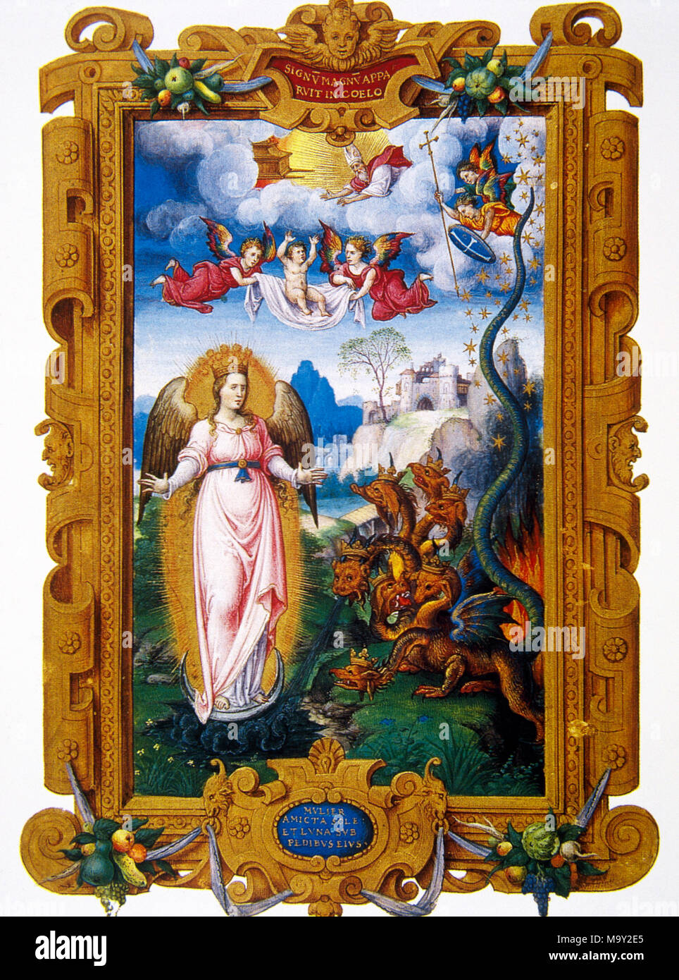 L'Apocalisse. Ultimo libro canonica del Nuovo Testamento, attribuita a san Giovanni apostolo. La donna di Apocalisse accanto alle sette teste drago. Miniatura, del XVI secolo. Libro d Ore. Conde Museum. Castello di Chantilly. La Francia. Foto Stock
