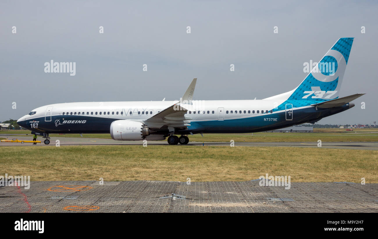 Parigi, Francia - giu 22, 2017: nuovo Boeing 737-9 MAX aereo di linea al Paris Air Show 2017. Foto Stock