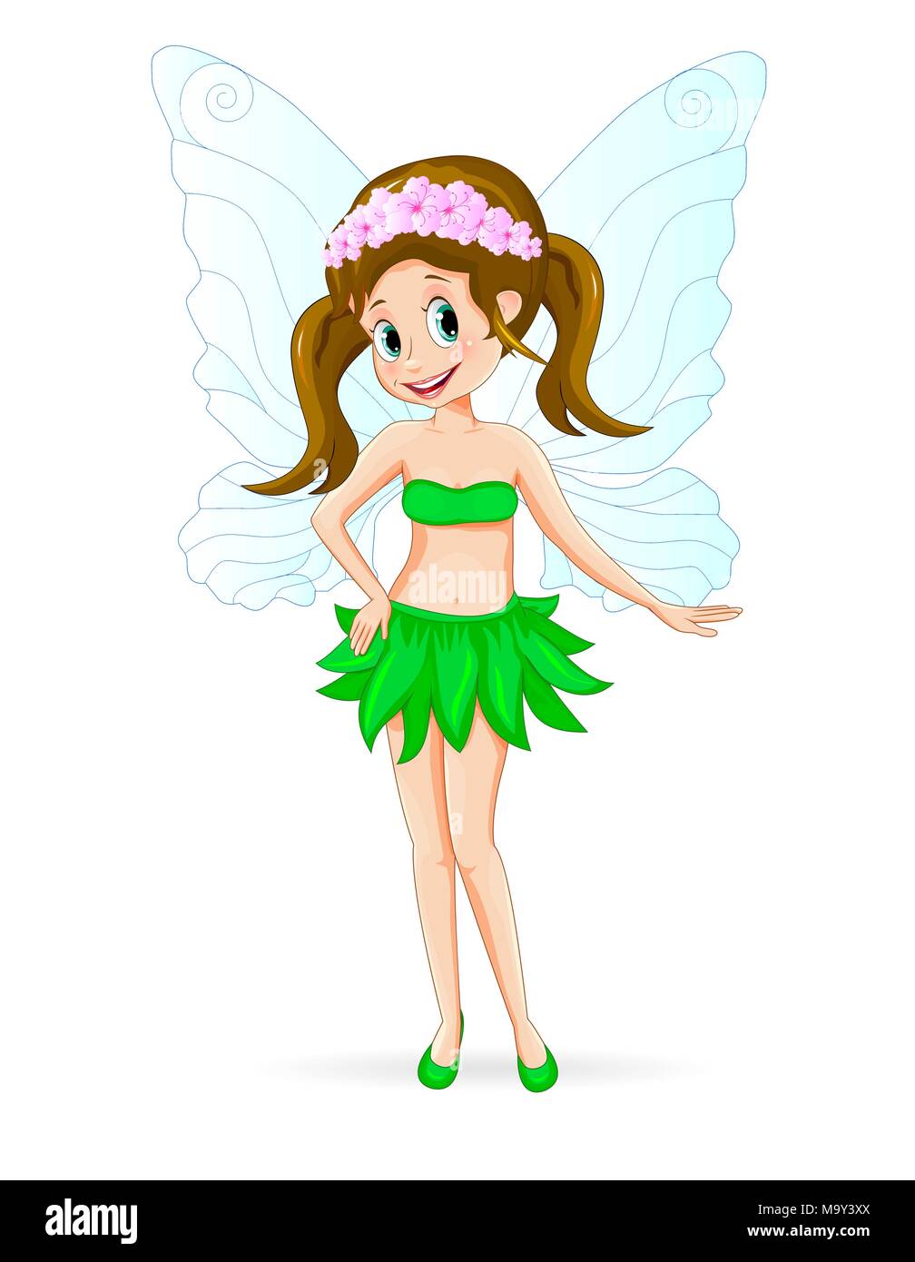 Cartoon fairy su uno sfondo bianco. La fata è vestito con un mantello di foglie verdi e con fiori nei capelli. Illustrazione Vettoriale