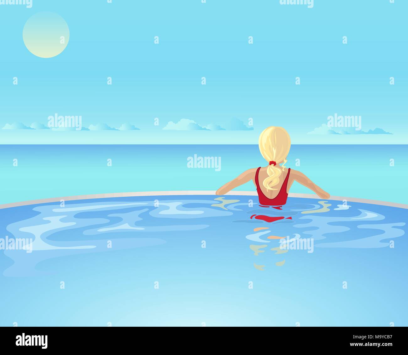 Una illustrazione di una bella piscina infinity con una donna in costume da bagno rosso che guarda al mare sotto un cielo blu Illustrazione Vettoriale
