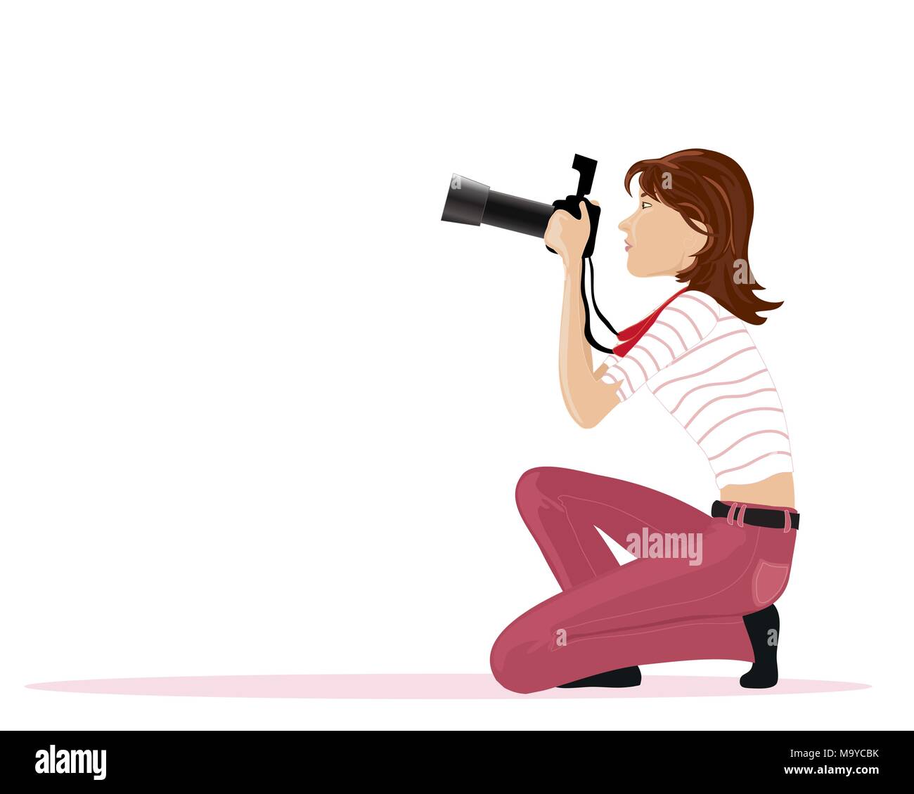 Una illustrazione di una femmina di fotografo vestito in rosa jeans con striped top pronti a scattare fotografie su sfondo bianco Illustrazione Vettoriale