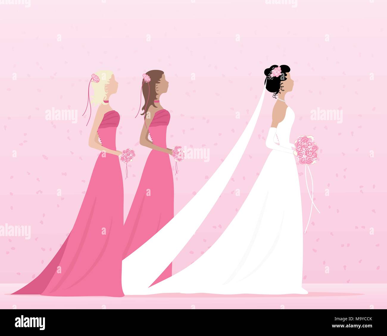 Una illustrazione vettoriale in formato eps di una bella sposa vestito in abito bianco e il velo a piedi con due damigelle in rosa con piccole posies Illustrazione Vettoriale