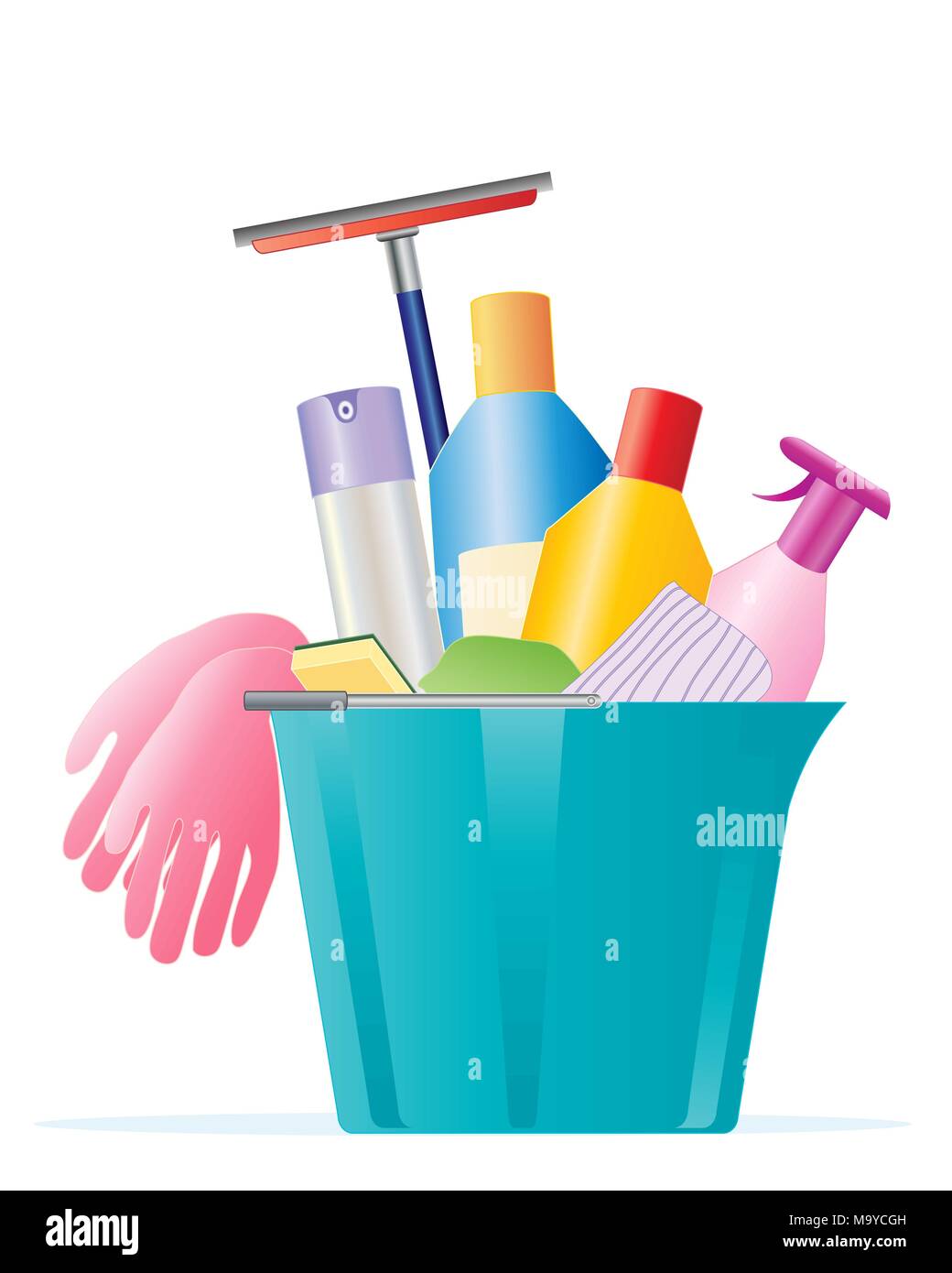 Una illustrazione di un blu in plastica secchio pieno di prodotti per la pulizia dei guanti di gomma polacco e detergente per vetri su sfondo bianco Illustrazione Vettoriale