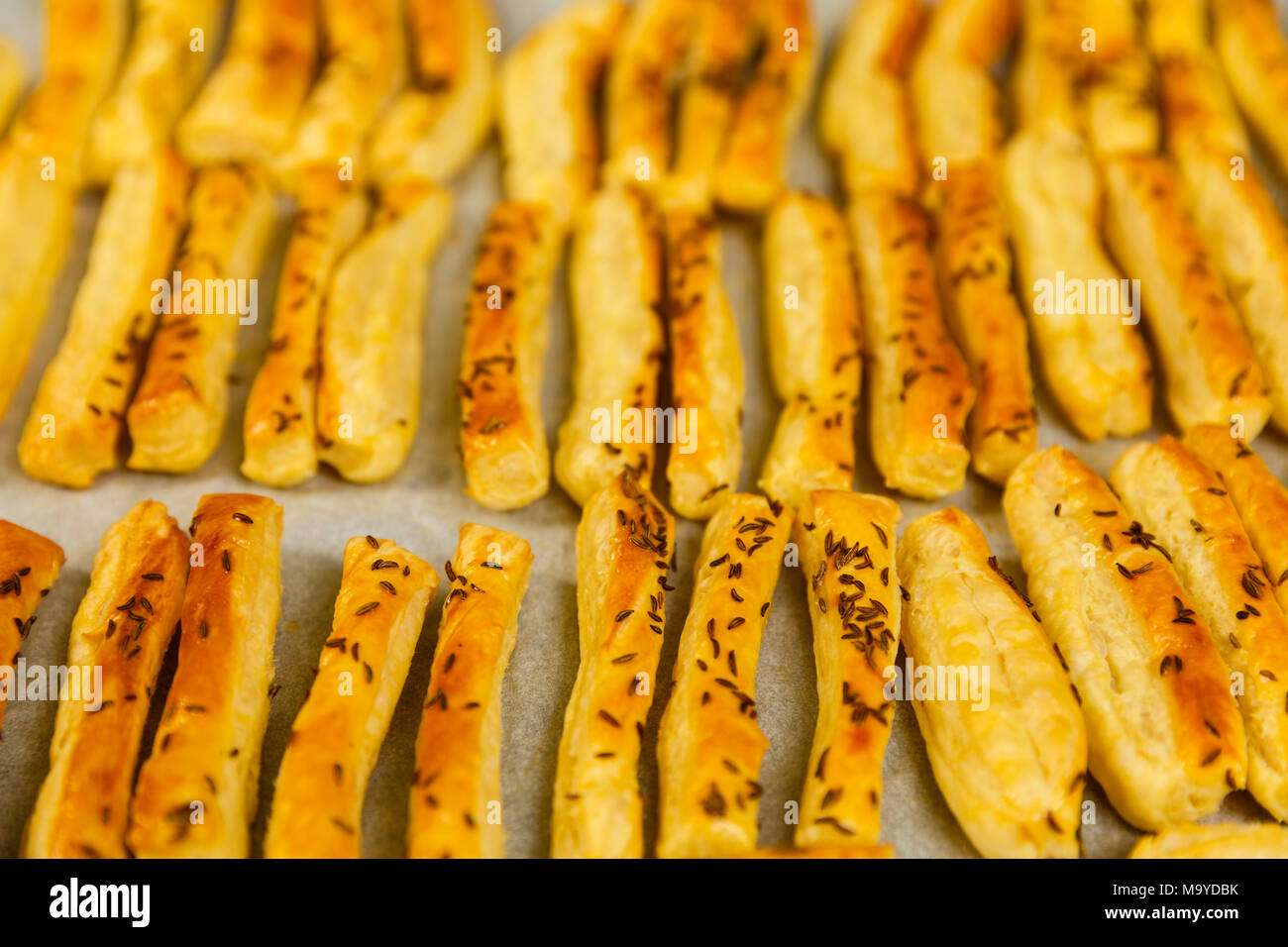 Primo piano di un vassoio con pane appena sfornato, formaggi crackers con semi di cumino Foto Stock