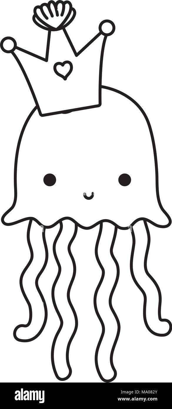Linea di meduse cute animale marino con la corona Illustrazione Vettoriale